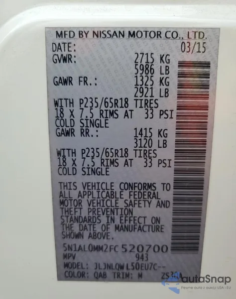 2015 Infiniti Qx60 from USA, damaged, VIN 5N1AL0MM2FC520700